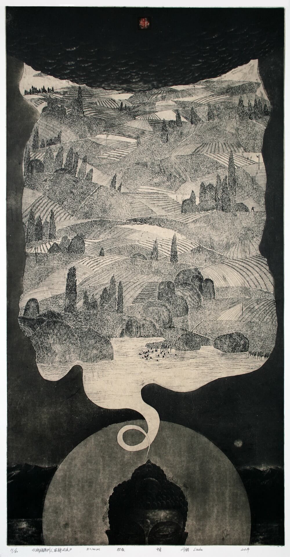 刘铸 版画 祈福系列之寂静的夜 50×100cm 2011年